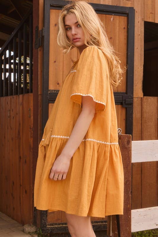 Stand Strong Embroidery Babydoll Mini Dress - Yellow