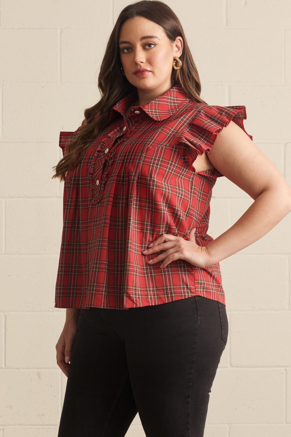 Red Plaid Ruffle Sleeve Top