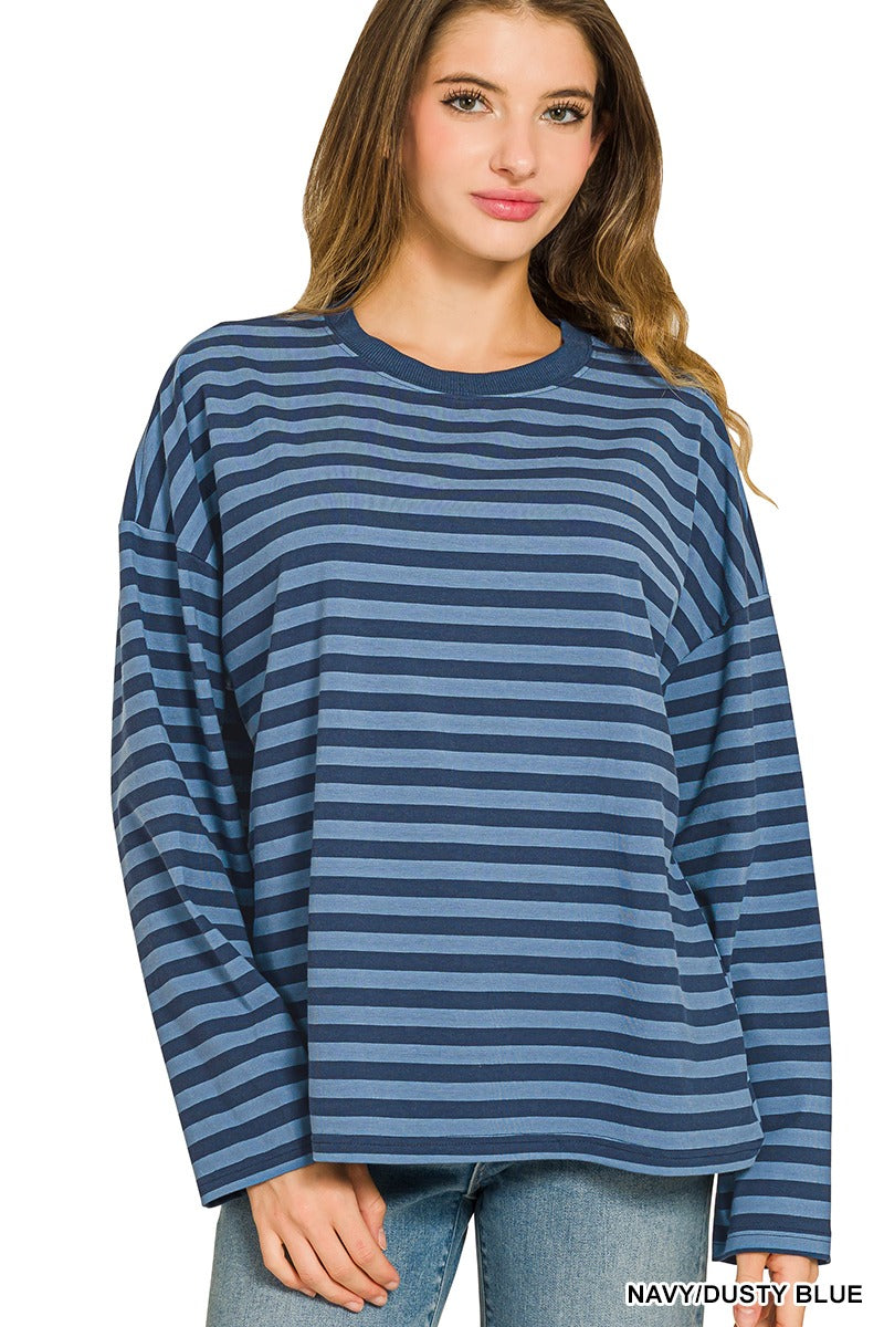 Women's navy and dusty blue striped long sleeve crew neck tee with drop shoulders and relaxed fit – Mirror On Main