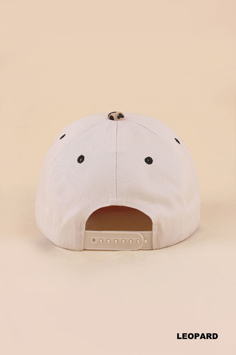 Leopard mallard embroidered two tone cotton baseball hat with neutral crown, flying duck embroidery and leopard print brim, back view – Mirror On Main