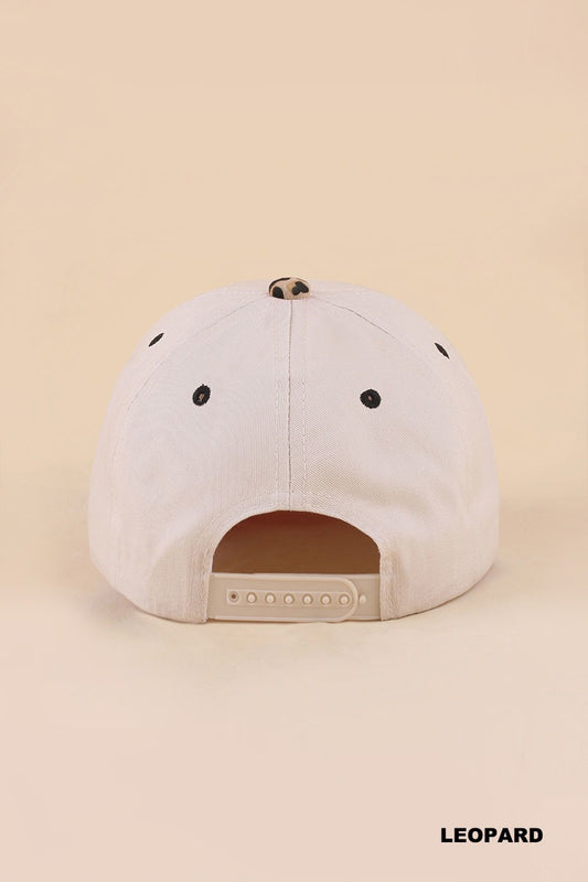 Leopard mallard embroidered two tone cotton baseball hat with neutral crown, flying duck embroidery and leopard print brim, back view – Mirror On Main