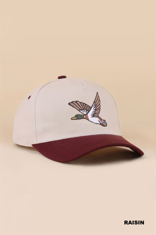 Raisin mallard embroidered two tone cotton baseball hat with neutral crown, flying duck embroidery and raisin-colored brim, side view – Mirror On Main