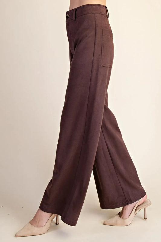 brown suede-look high waist wide leg pants with belt loops and back patch pockets, modeled side view – Mirror On Main