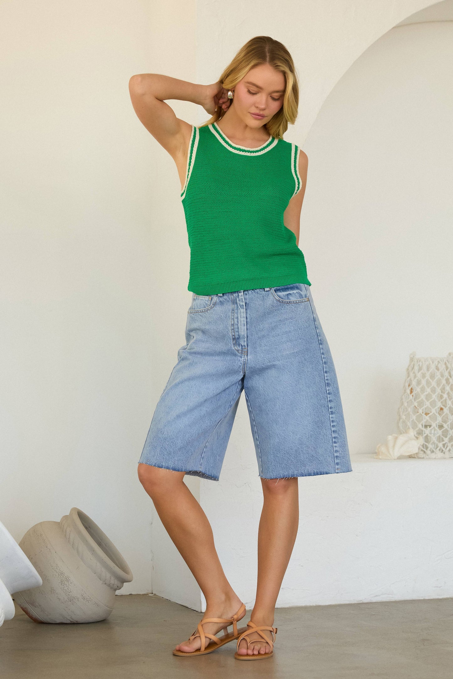 High-Waisted Relaxed Denim Bermuda Shorts: Denim