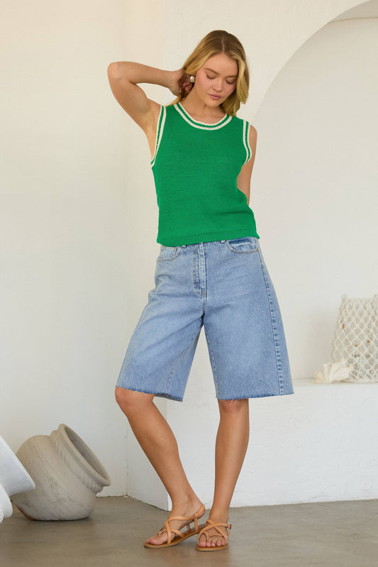 High-Waisted Relaxed Denim Bermuda Shorts: Denim