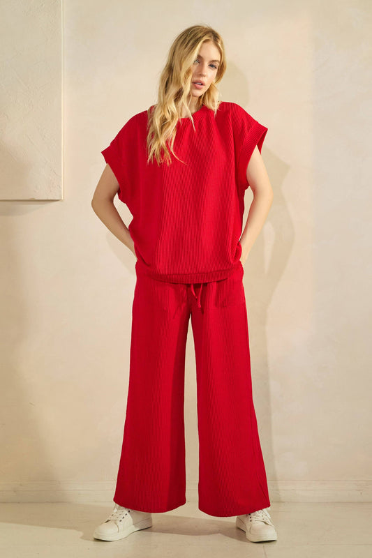 Carrie Striped Rib Knit Lounge Set - RED