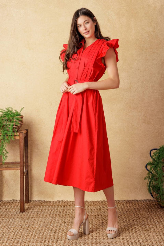 Red Hot solid woven midi dress -  RED