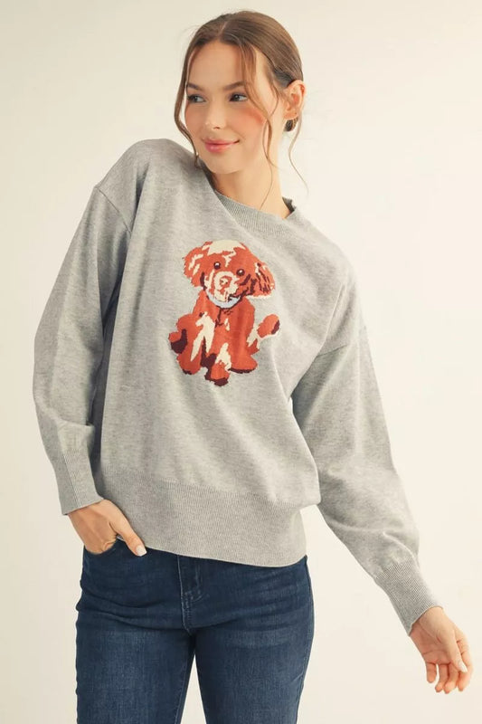 Heather grey puppy graphic knit sweater with drop shoulders – view 2 – Mirror On Main