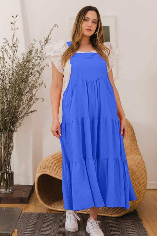 Priscilla Solid Button Sling Tiered Midi Dress - Blue