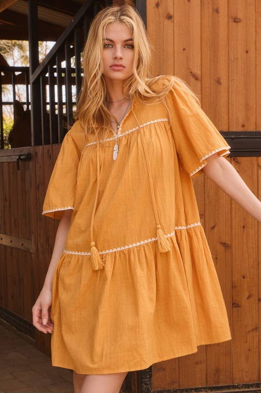 Stand Strong Embroidery Babydoll Mini Dress - Yellow