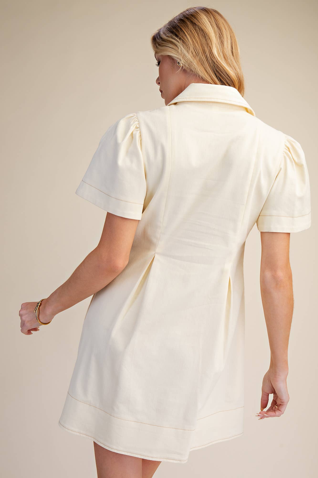 Collar V-Neck Pleated Mini Dress: Butter Yellow / L