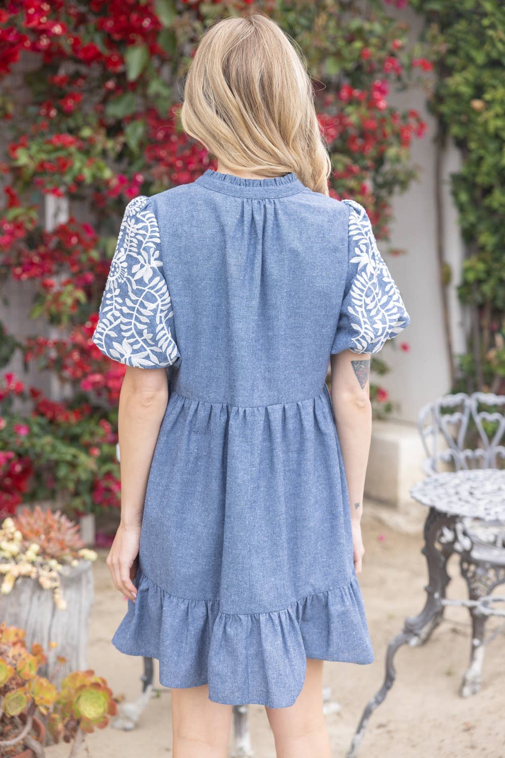 Ellie Floral Embroidered Sleeve Chambray Tiered Dress - Denim Blue