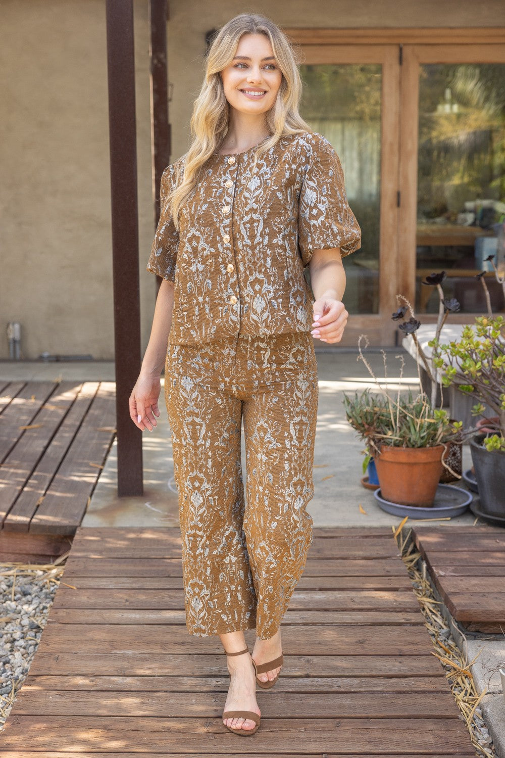 Brown floral jacquard wide leg pants – view 2 – Mirror On Main