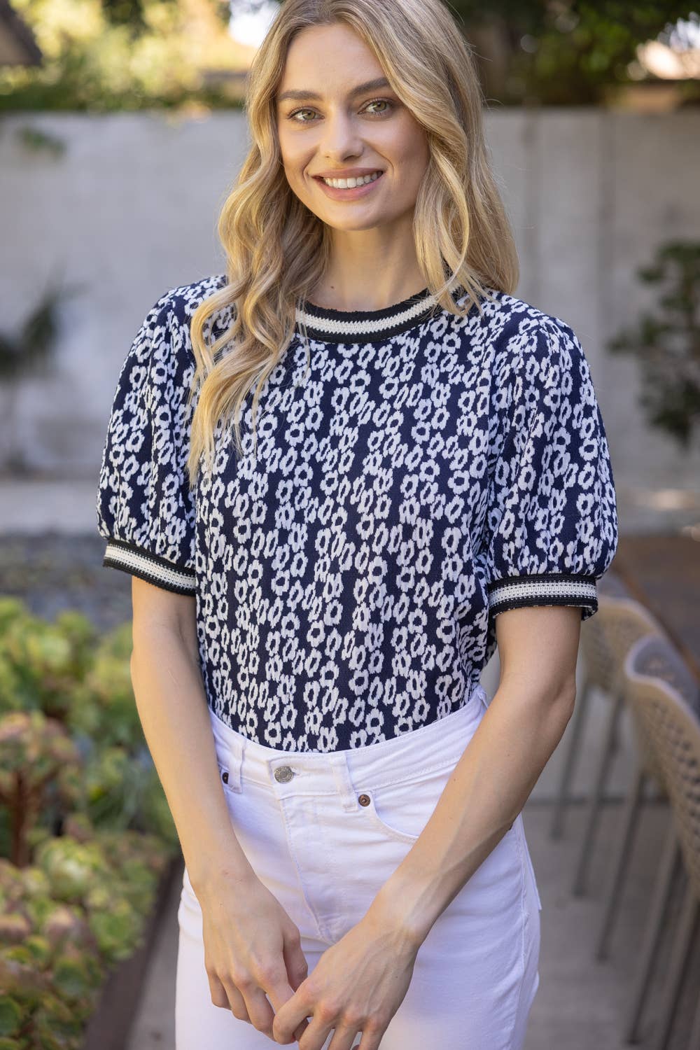 Eagle Ready Floral Accent Knit Top - Navy