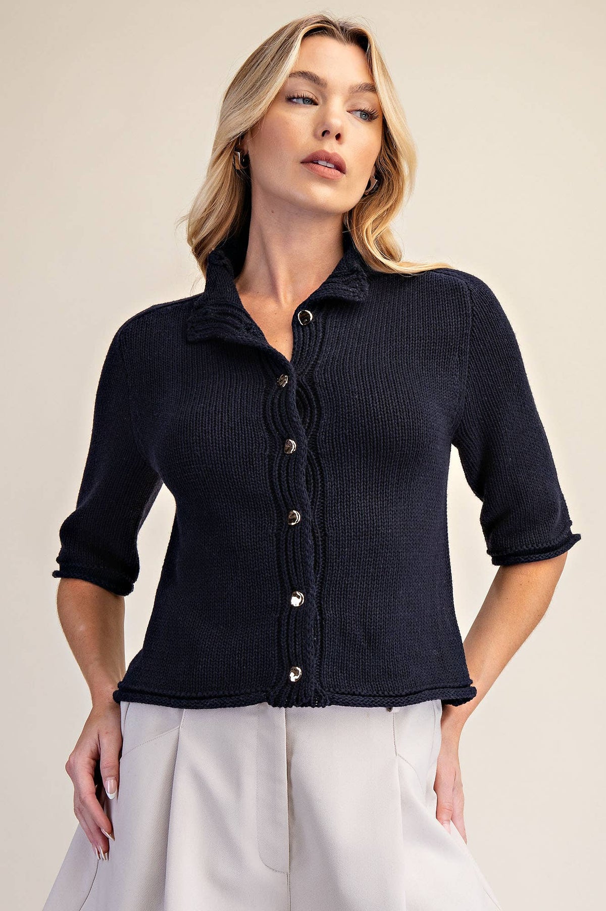 Navy Short Sleeve Sweater Cardigan