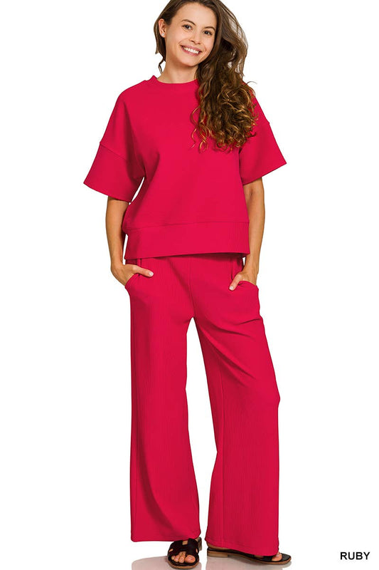 Ribbed Round Neck Tee & Pants Set - RUBY