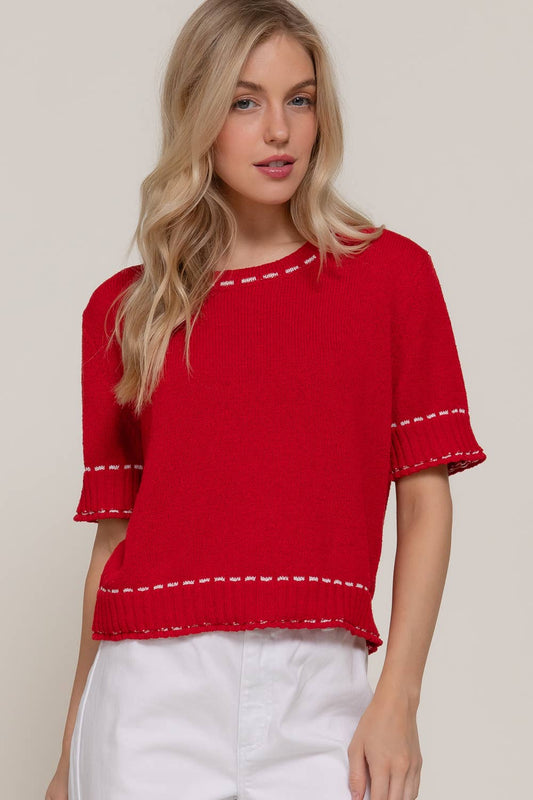 Short Sleeve Round Neck Sweater with Contrast Color Stitch: RED-red/white / L