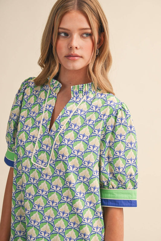 TRACEY FLORAL PUFF SLEEVE MINI DRESS - GREEN BLUE MULTI
