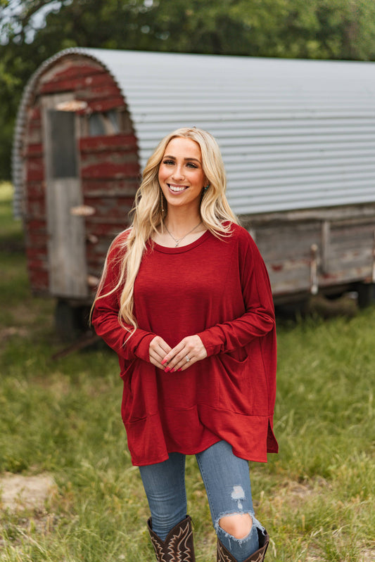 Darcy Cotton Long Sleeve Top - Wine
