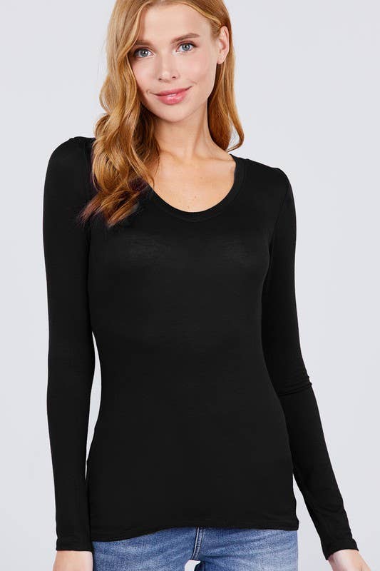 Long Sleeve Round Neck Top: Blk-Black / L