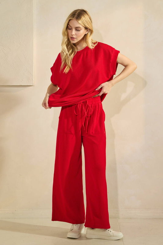 Carrie Striped Rib Knit Lounge Set - RED