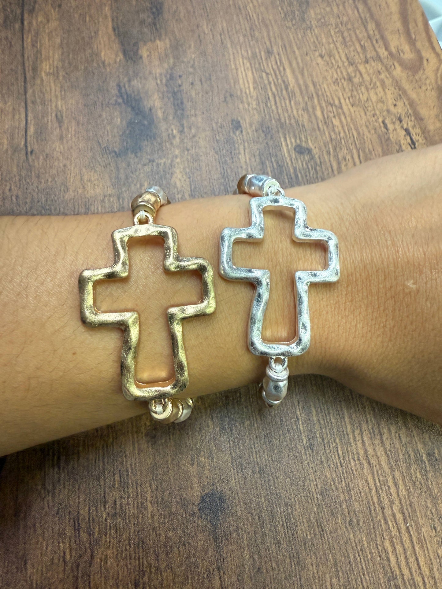 Gold Hammered Cross Mixed Metal Stretch Bracelet