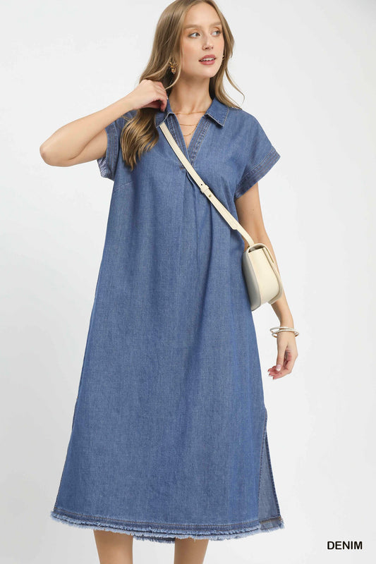 Denim Frayed Midi Dress Plus Size
