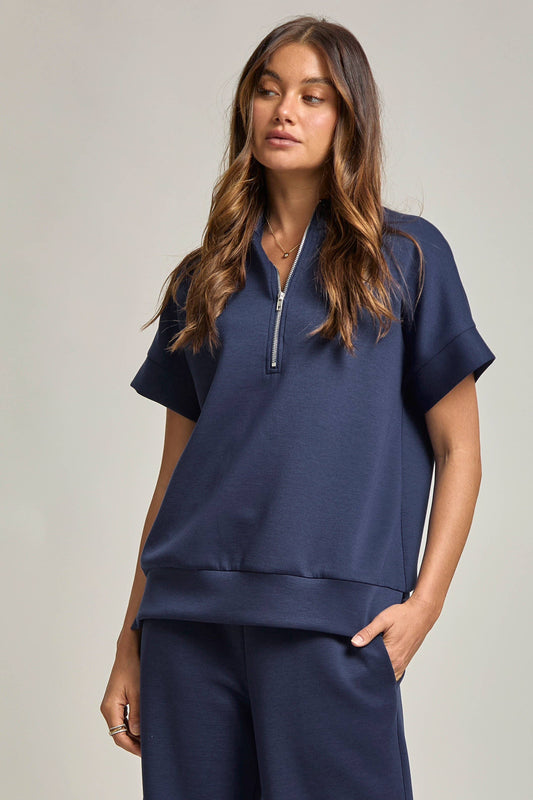 Suzanna Short Sleeve Quarter Zip + Pants Set -  Navy
