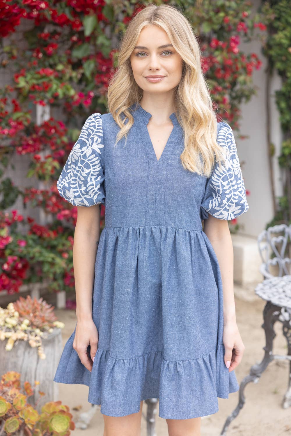 Ellie Floral Embroidered Sleeve Chambray Tiered Dress - Denim Blue