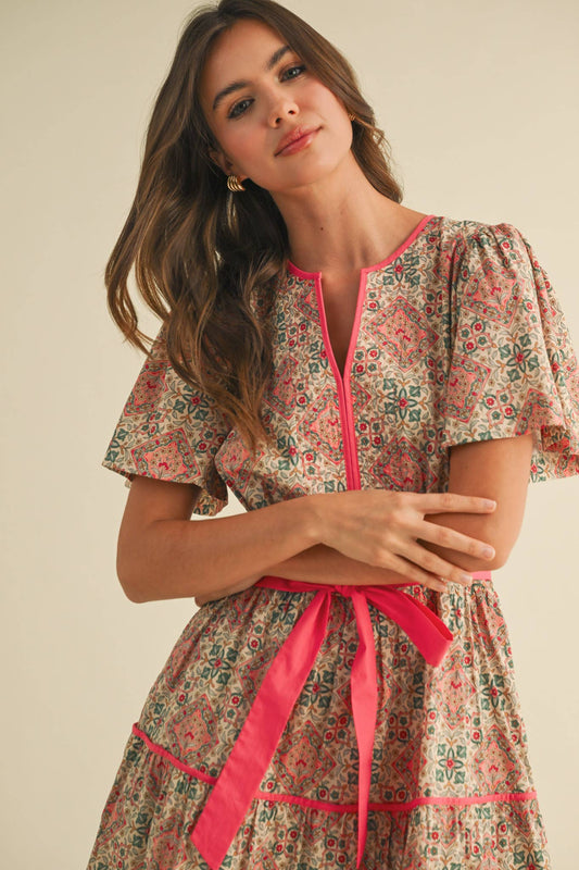 ADA CONTRAST BINDING PRINTED MIDI DRESS - Coral Multi Floral