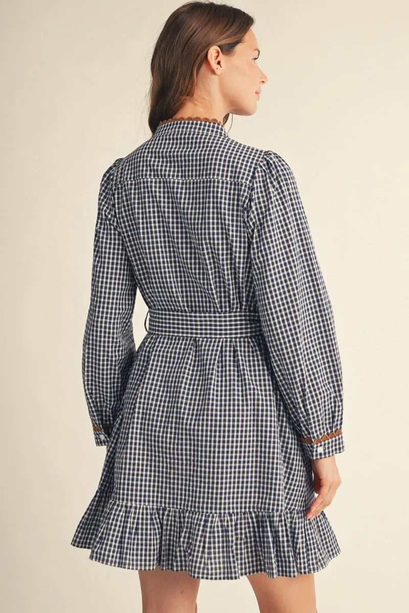 Navy Plaid Ruffle Shirt Dress