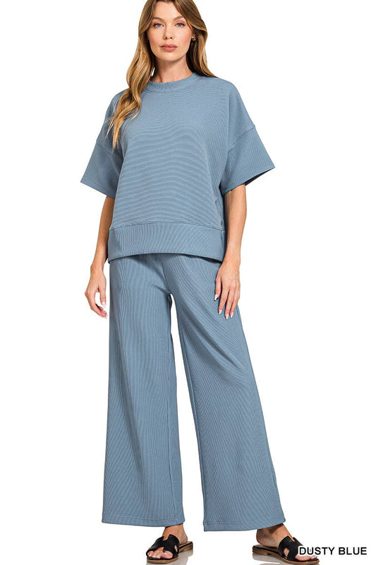 Ribbed Round Neck Tee & Pants Set - DUSTY BLUE
