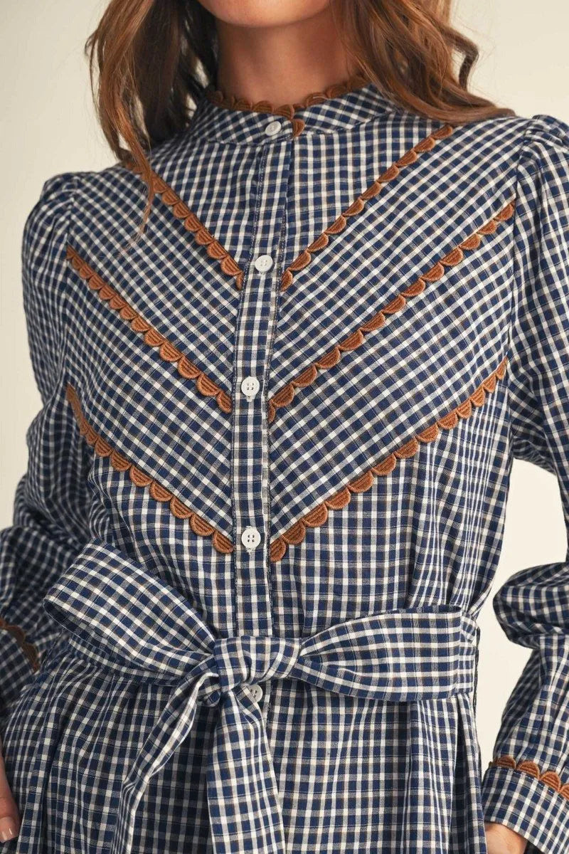 Navy Plaid Ruffle Shirt Dress