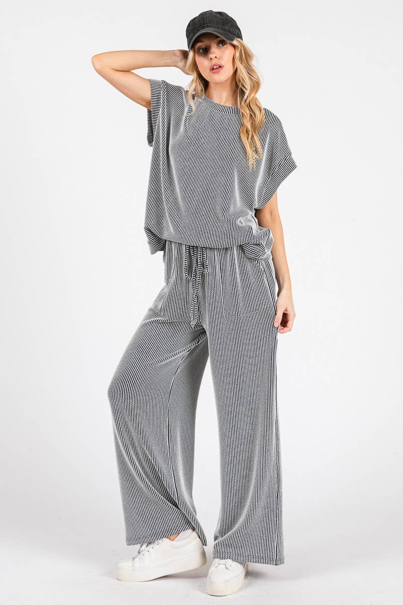Carrie Striped Rib Knit Lounge Set - BLACK