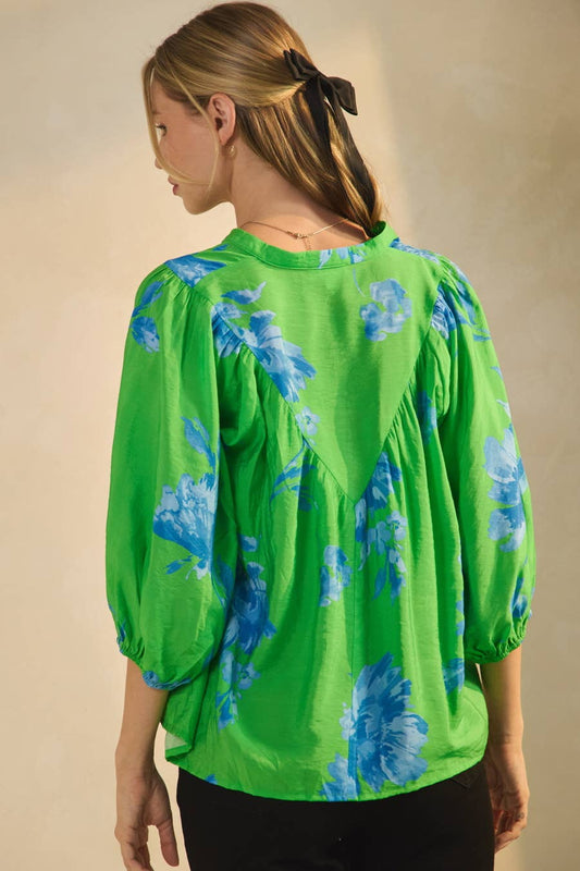 Carley Floral Printed Blouse - Green Multi