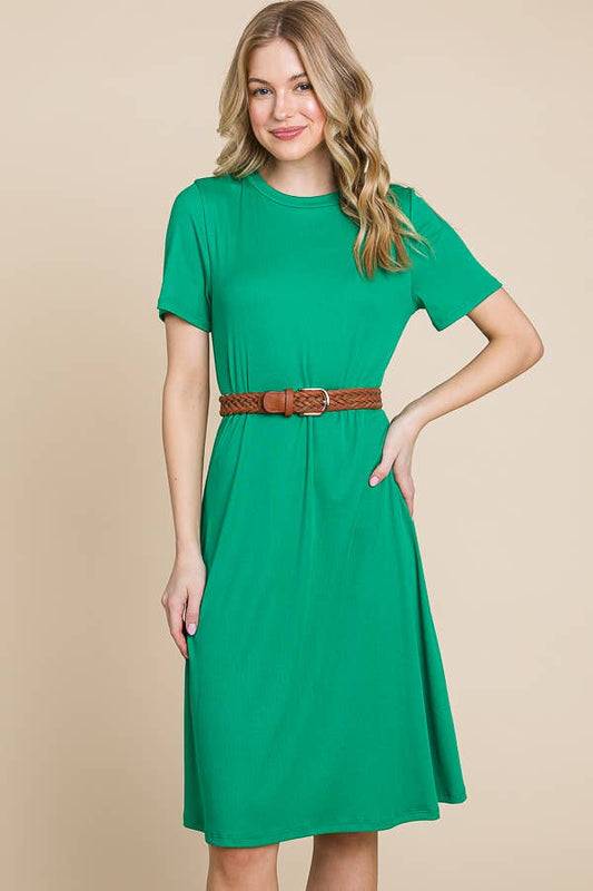 Victoria Ribbed Round Neck Short Sleeve Dress - Green