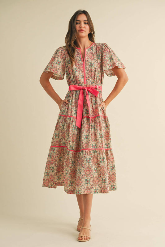 ADA CONTRAST BINDING PRINTED MIDI DRESS - Coral Multi Floral