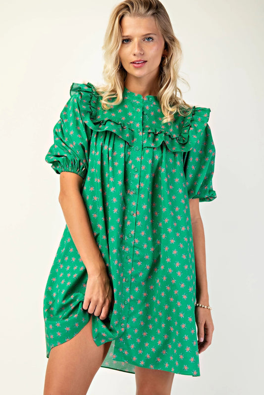 AKA Ready Puff Sleeve Dress - Green Print