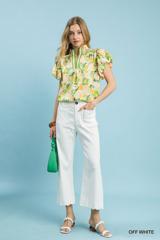Addison Off White Cropped Wide Leg Pants with Scalloped Hem