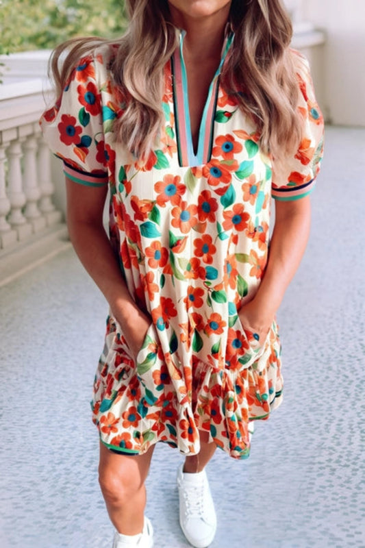 Amelia Contrast Trim Floral Split Neck Puff Mini Dress