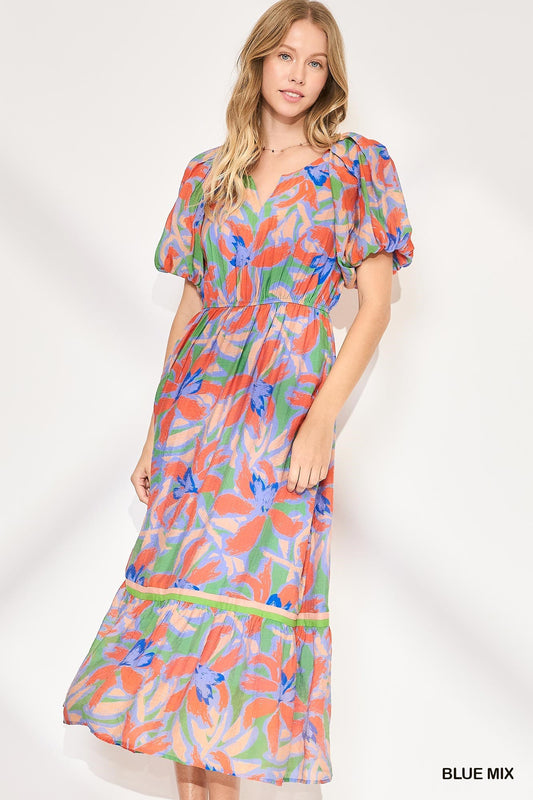 Anissa Floral Puff Sleeve Maxi Dress - Blue Mixture