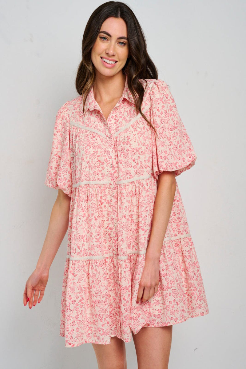 Ann Short Sleeve Button Up Floral Mini Dress- Red