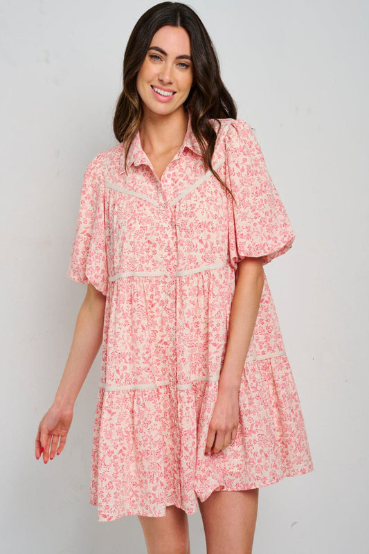 Ann Short Sleeve Button Up Floral Mini Dress- Red