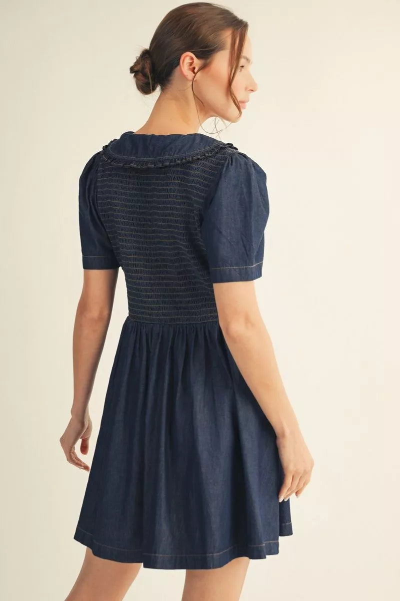 Back view of denim blue smocked skater mini dress showing short puff sleeves, fitted bodice and flared skirt at Mirror On Main