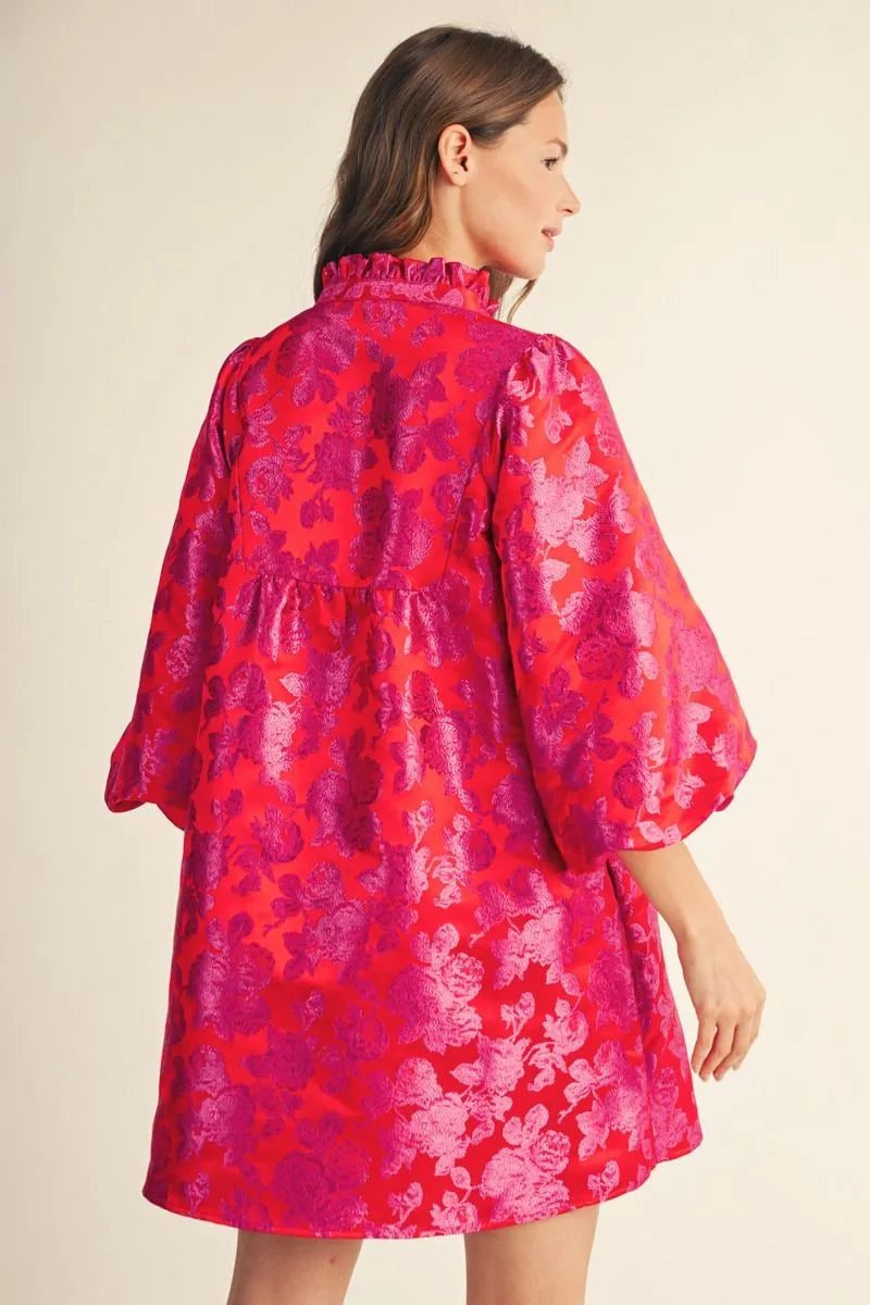 Back view of tomato red floral jacquard puff sleeve mini dress – Mirror On Main.