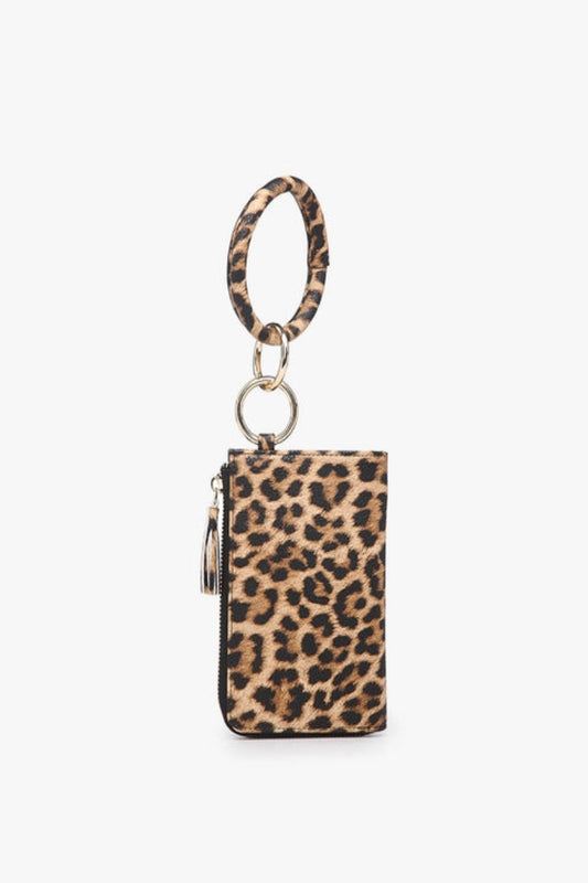 Leopard print keychain with attached pouch on a white background
