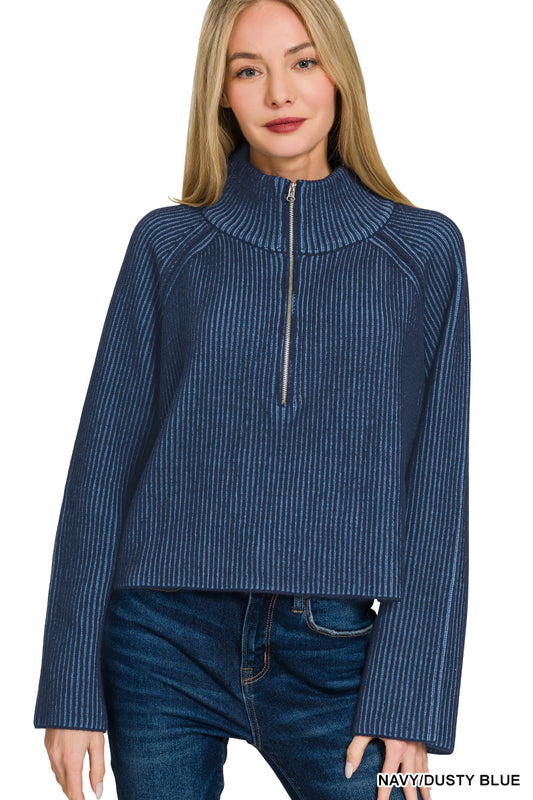 Blake Two Tone Front Zipper Sweater - Blue
