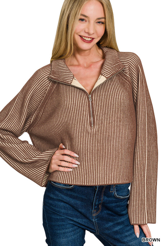 Blake Two Tone Front Zipper Sweater - Brown