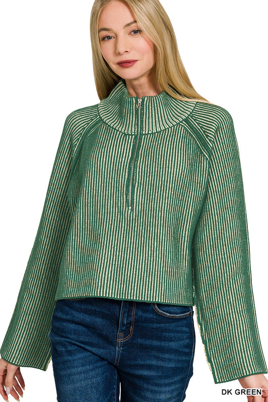 Blake Two Tone Front Zipper Sweater - Green
