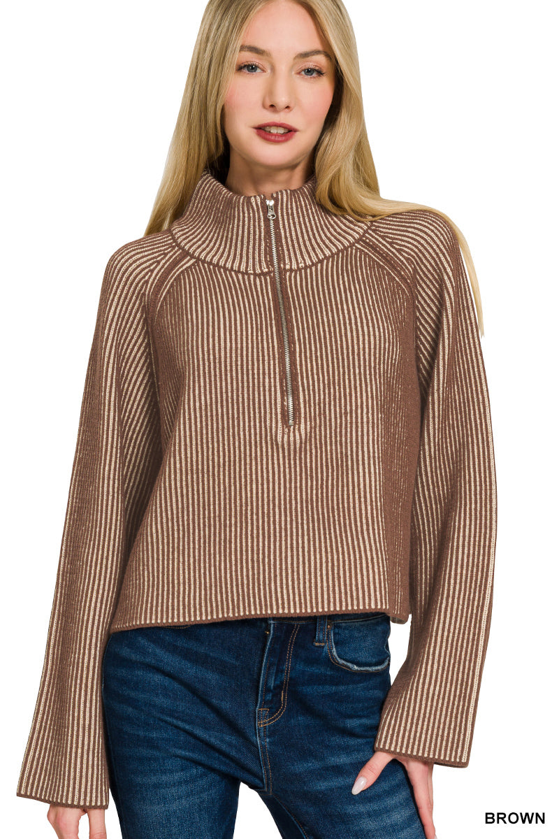 Blake Two Tone Front Zipper Sweater - Brown